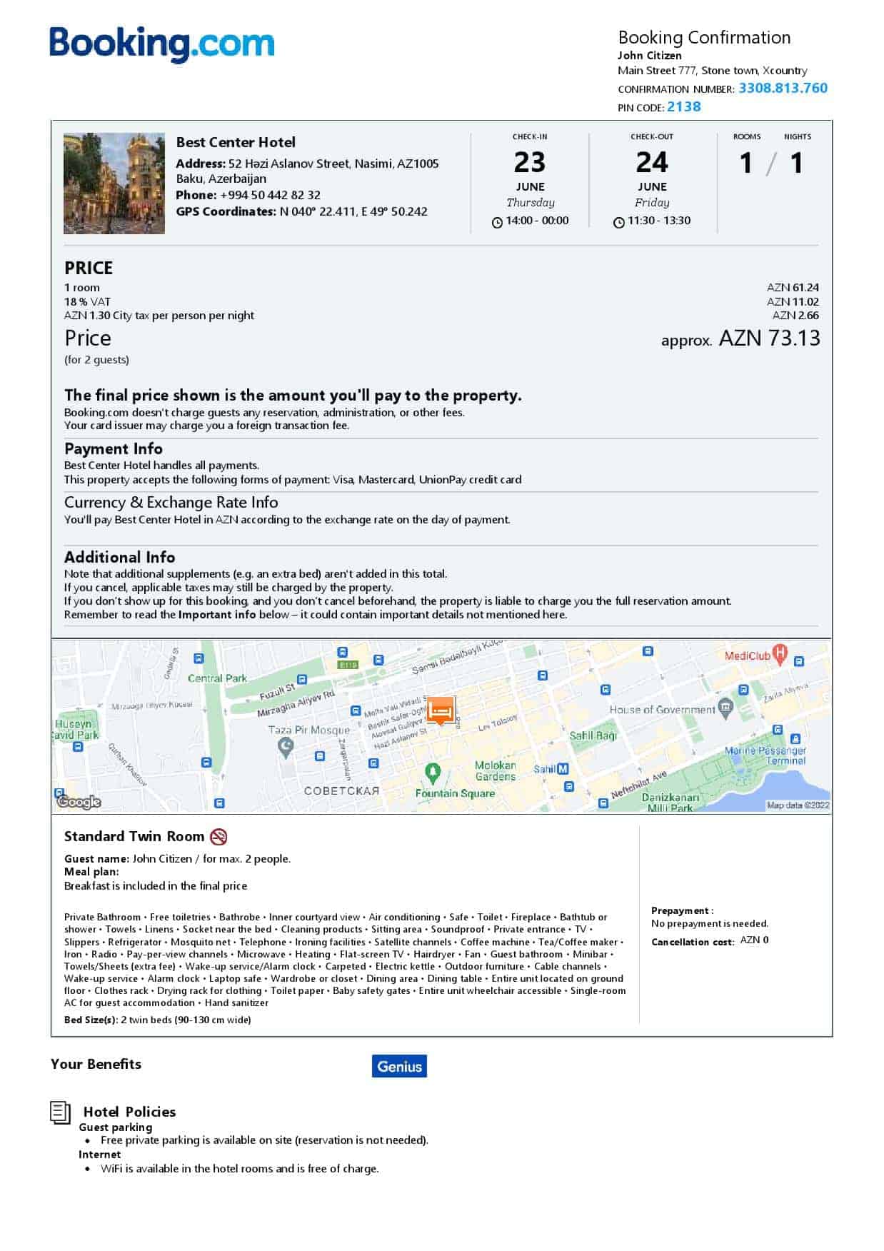 Azerbaijan hotel booking confirmation Word and PDF template, 2 pages Azerbaijan hotel booking confirmation Word and PDF template, 2 pages