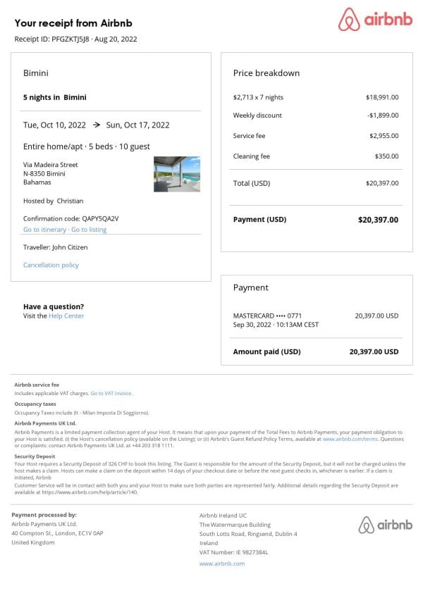 Bahamas Airbnb booking confirmation Word and PDF template
