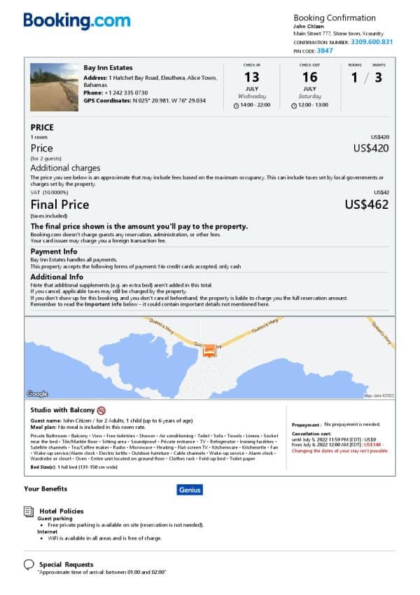 Bahamas hotel booking confirmation Word and PDF template, 2 pages Bahamas hotel booking confirmation Word and PDF template, 2 pages