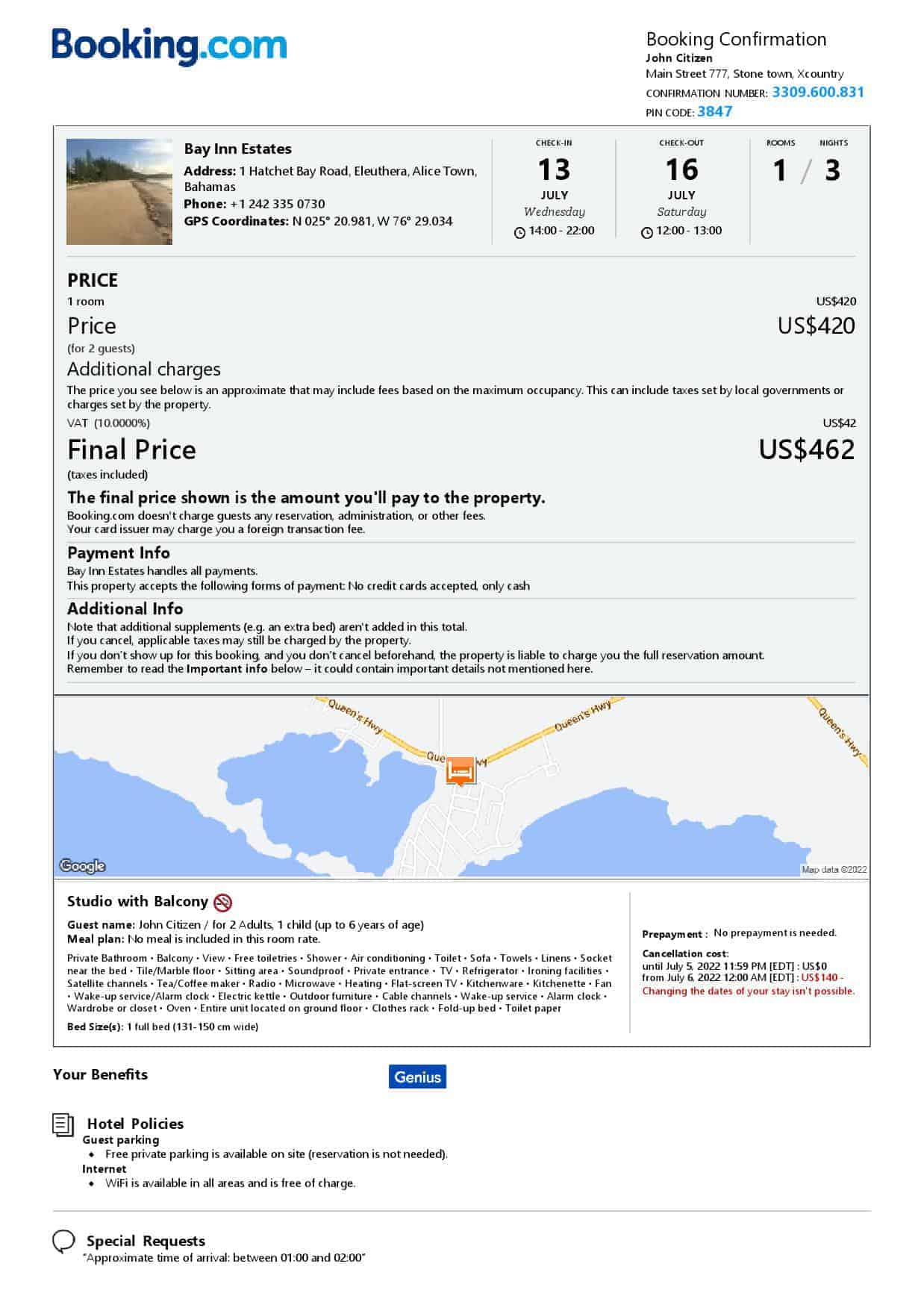 Bahamas hotel booking confirmation Word and PDF template, 2 pages Bahamas hotel booking confirmation Word and PDF template, 2 pages