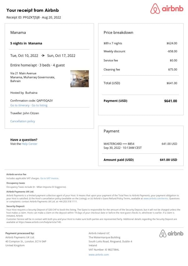 Bahrain Airbnb booking confirmation Word and PDF template