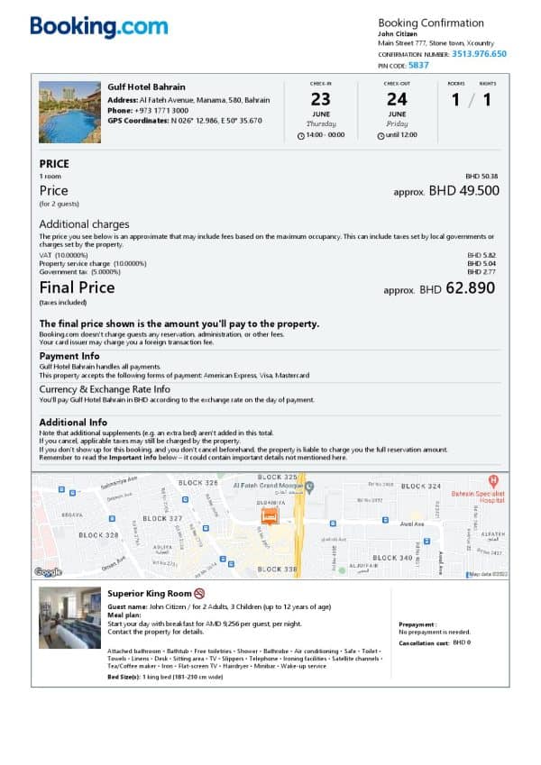 Bahrain hotel booking confirmation Word and PDF template, 2 pages Bahrain hotel booking confirmation Word and PDF template, 2 pages