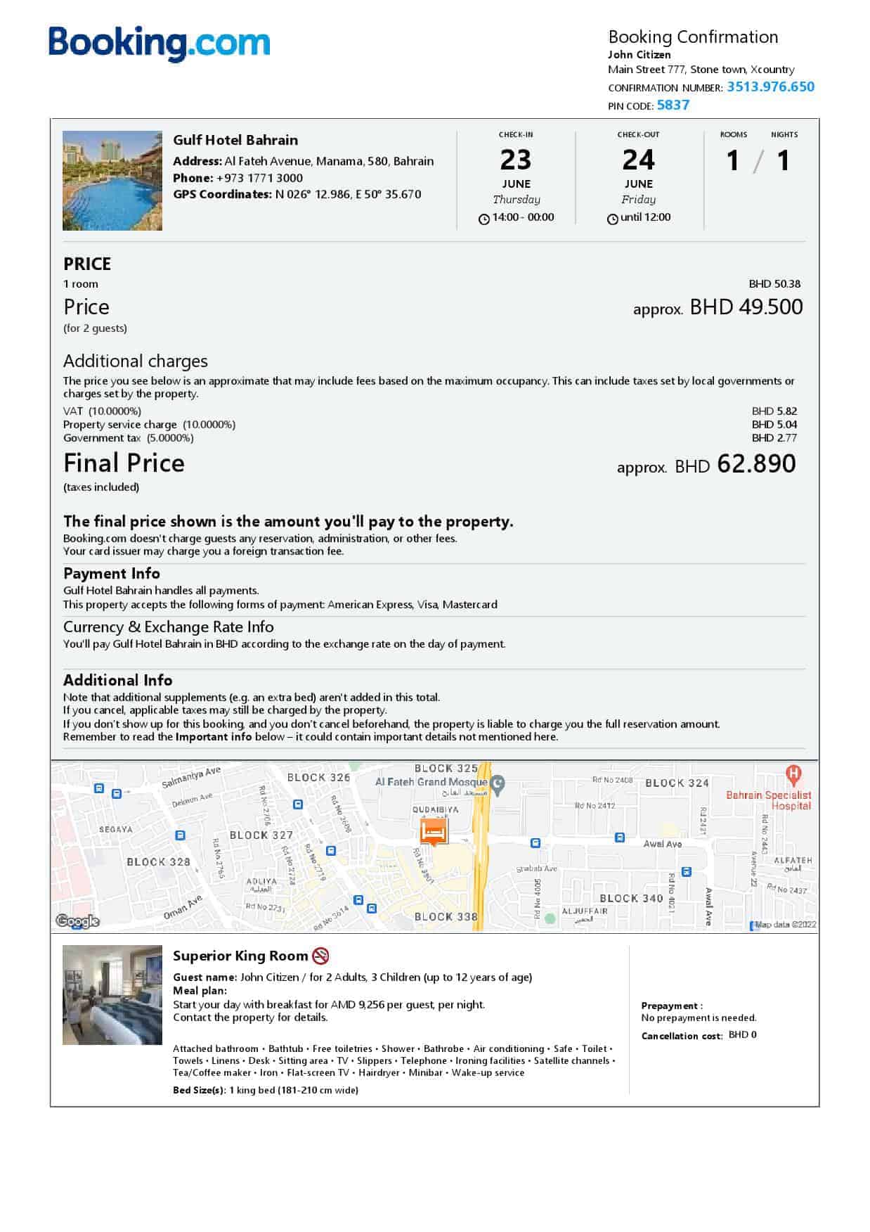 Bahrain hotel booking confirmation Word and PDF template, 2 pages Bahrain hotel booking confirmation Word and PDF template, 2 pages