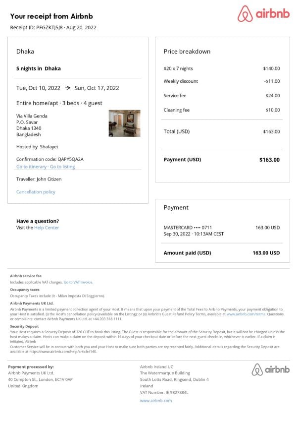 Bangladesh Airbnb booking confirmation Word and PDF template