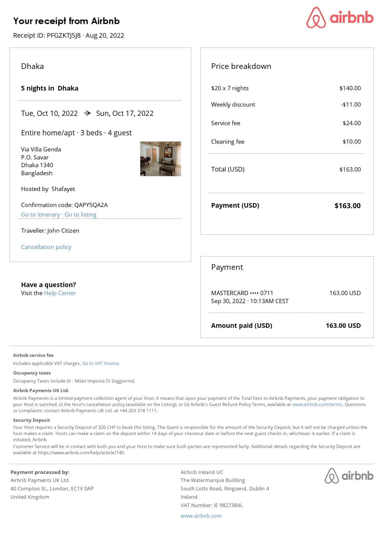 Bangladesh Airbnb booking confirmation Word and PDF template Bangladesh Airbnb booking confirmation Word and PDF template
