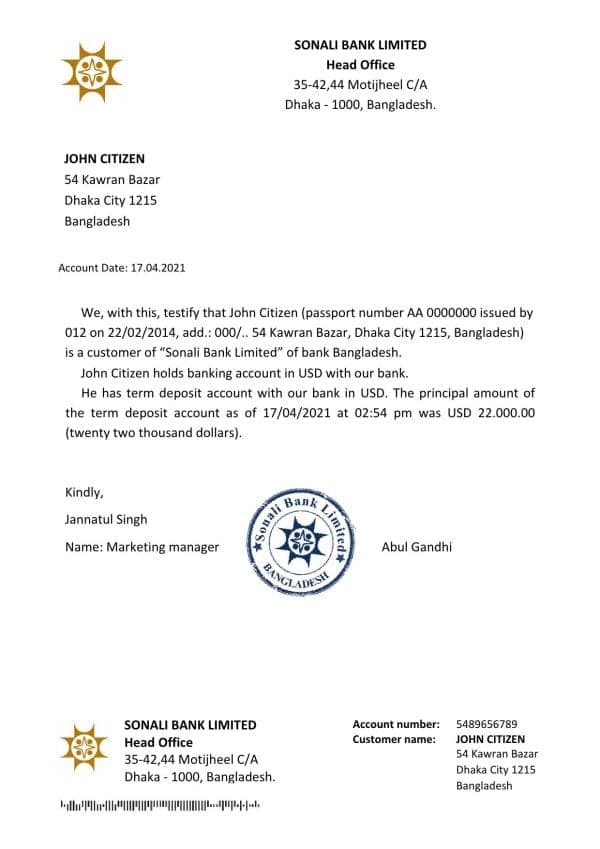 Bangladesh Sonali Bank bank account reference letter template in Word and PDF format Bangladesh Sonali Bank bank account reference letter template in Word and PDF format
