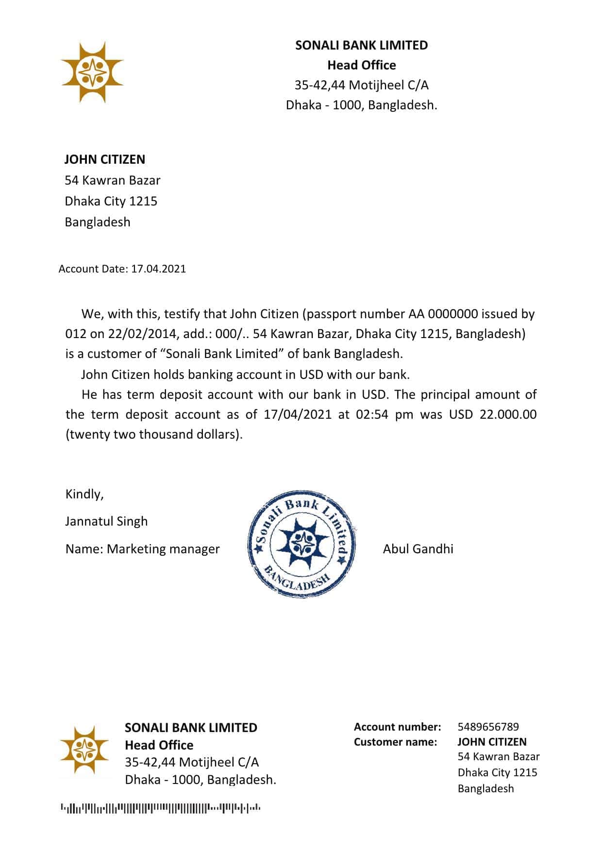 Bangladesh Sonali Bank bank account reference letter template in Word and PDF format Bangladesh Sonali Bank bank account reference letter template in Word and PDF format