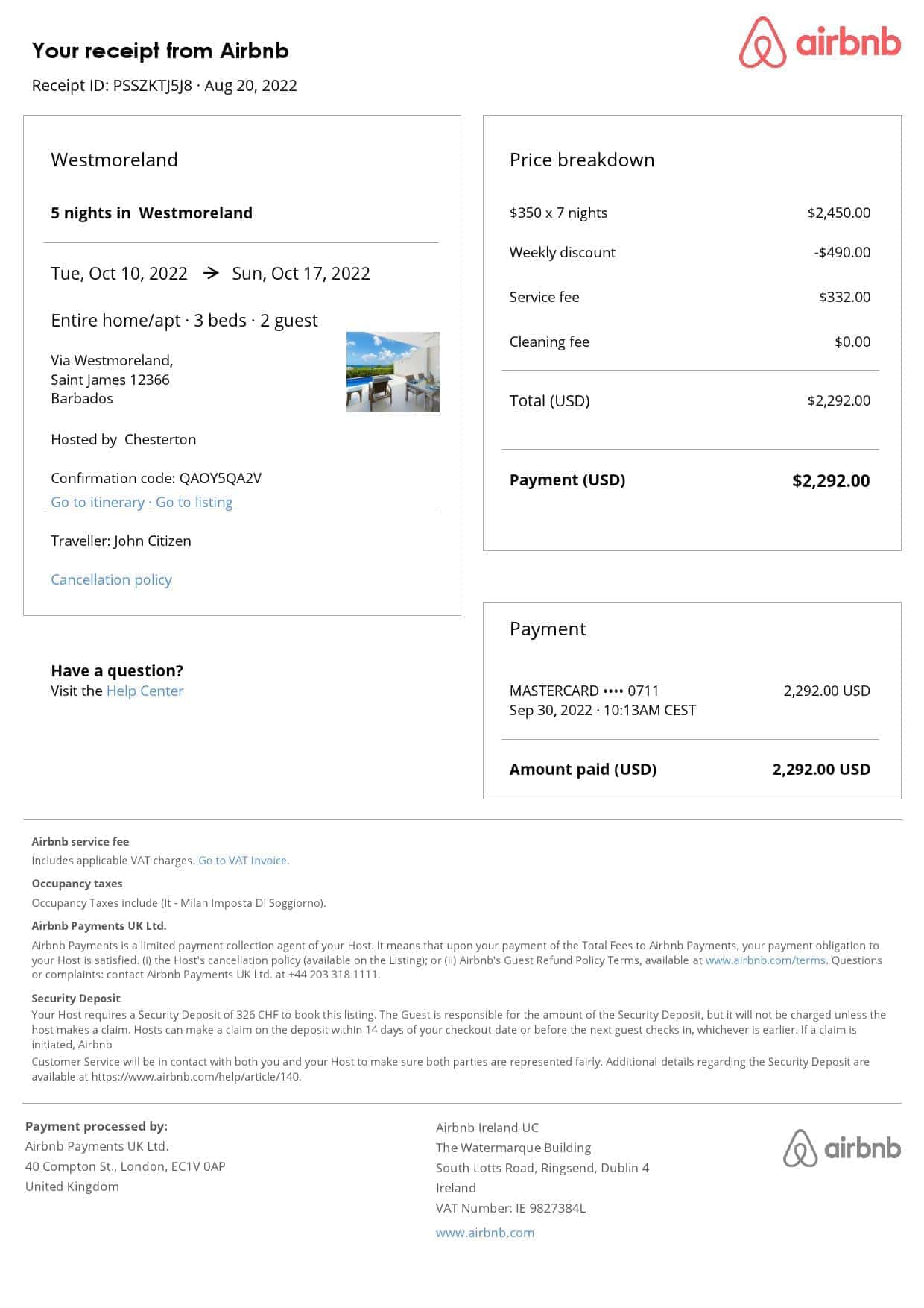 Barbados Airbnb booking confirmation Word and PDF template Barbados Airbnb booking confirmation Word and PDF template