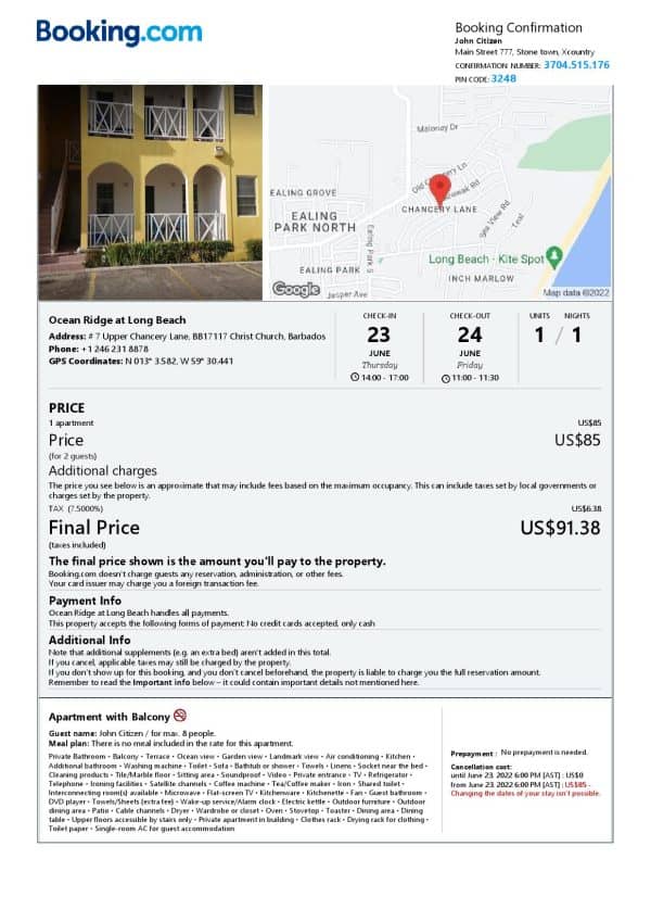 Barbados hotel booking confirmation Word and PDF template, 2 pages