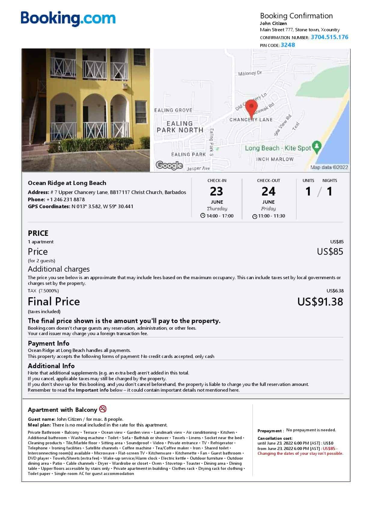 Barbados hotel booking confirmation Word and PDF template, 2 pages Barbados hotel booking confirmation Word and PDF template, 2 pages