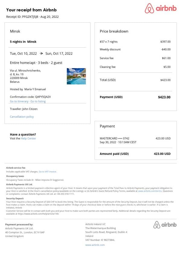 Belarus Airbnb booking confirmation Word and PDF template