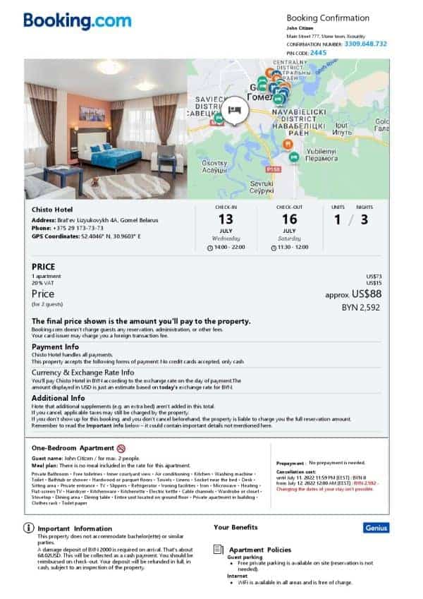 Belarus hotel booking confirmation Word and PDF template, 2 pages