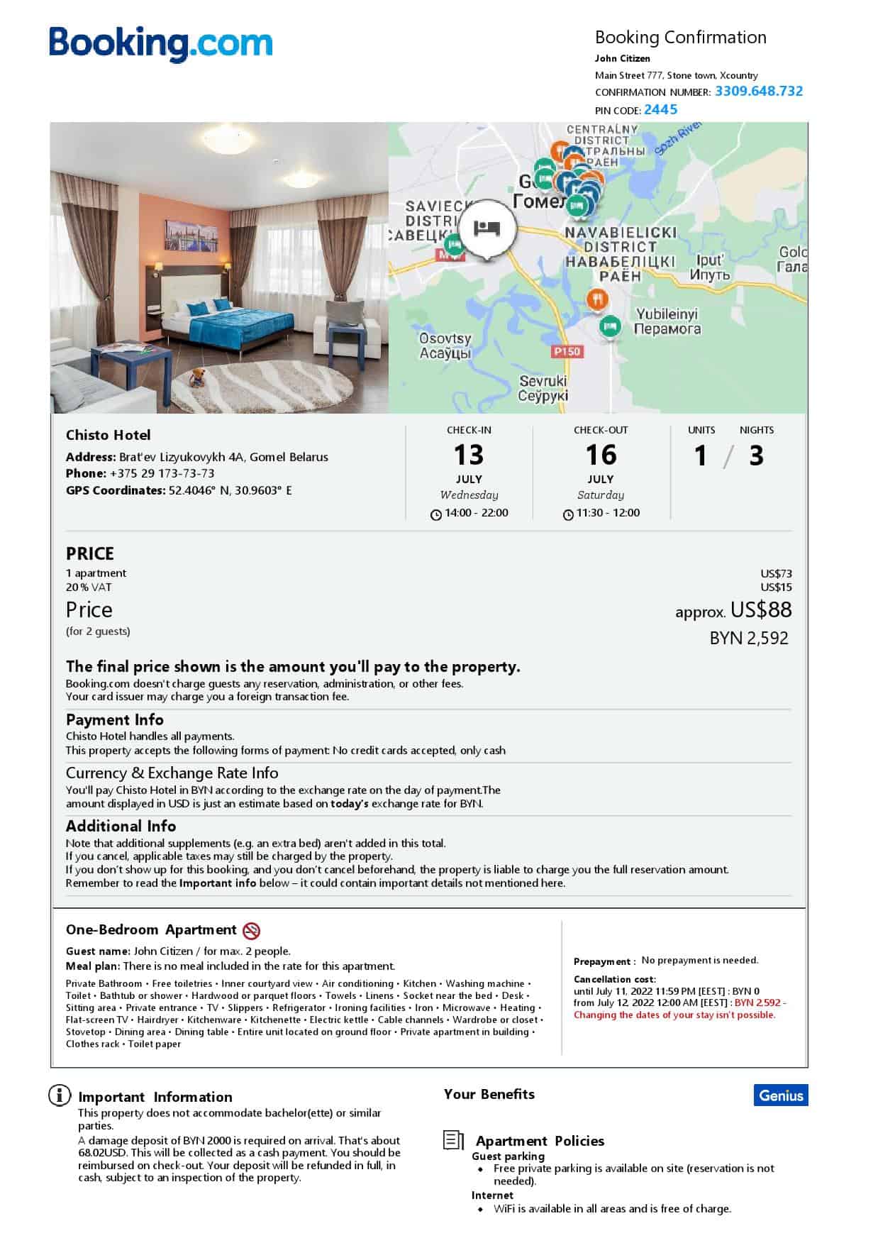 Belarus hotel booking confirmation Word and PDF template, 2 pages Belarus hotel booking confirmation Word and PDF template, 2 pages
