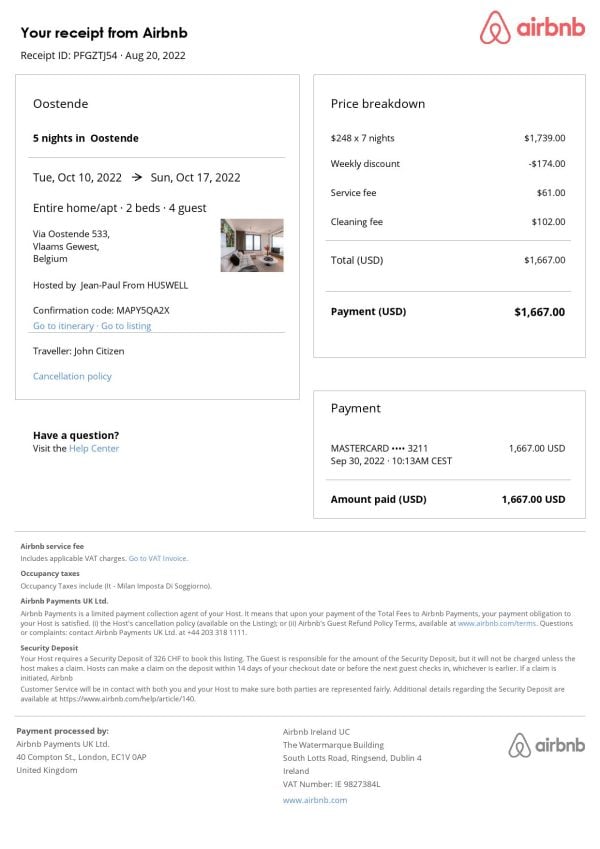 Belgium Airbnb booking confirmation Word and PDF template