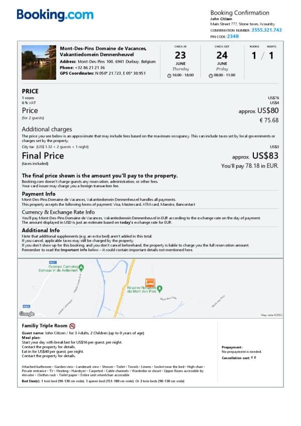 Belgium hotel booking confirmation Word and PDF template, 2 pages