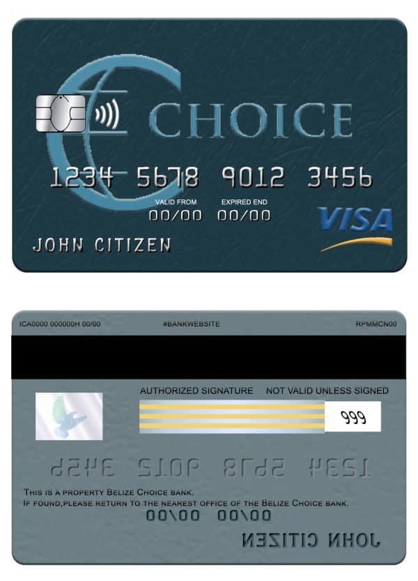 Editable Belize Choice bank visa card Templates