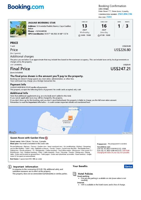 Belize hotel booking confirmation Word and PDF template, 2 pages