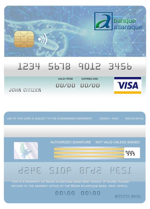 Editable Benin Atlantique bank visa card Templates
