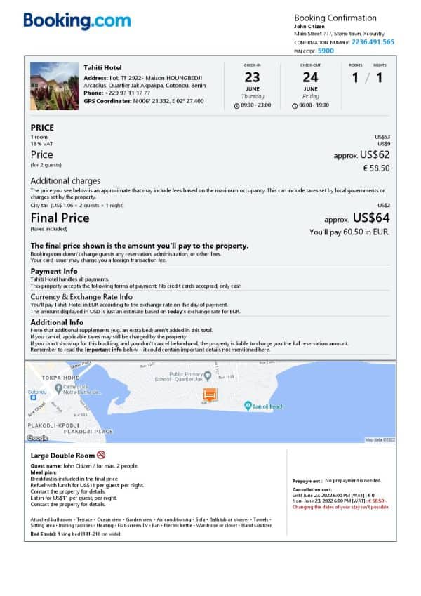 Benin hotel booking confirmation Word and PDF template, 2 pages
