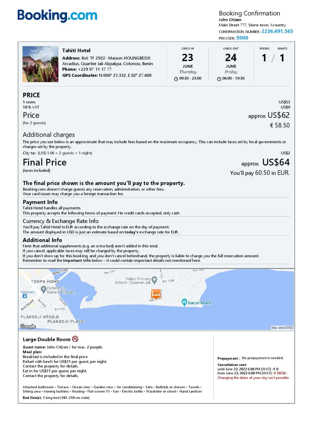 Benin hotel booking confirmation Word and PDF template, 2 pages Benin hotel booking confirmation Word and PDF template, 2 pages