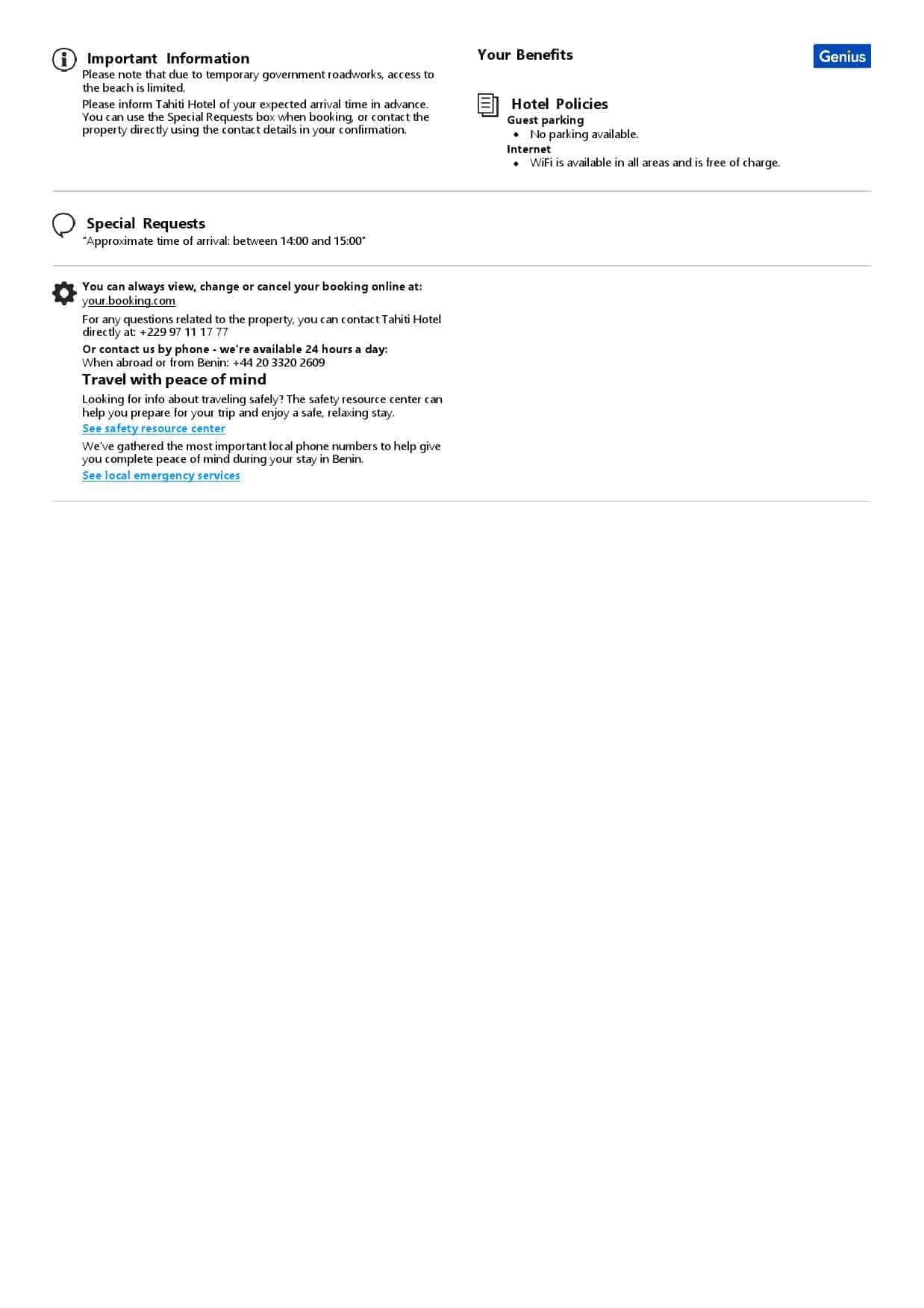 Benin hotel booking confirmation Word and PDF template, 2 pages Benin hotel booking confirmation Word and PDF template, 2 pages