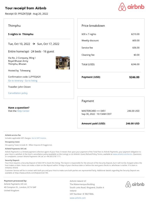 Bhutan Airbnb booking confirmation Word and PDF template