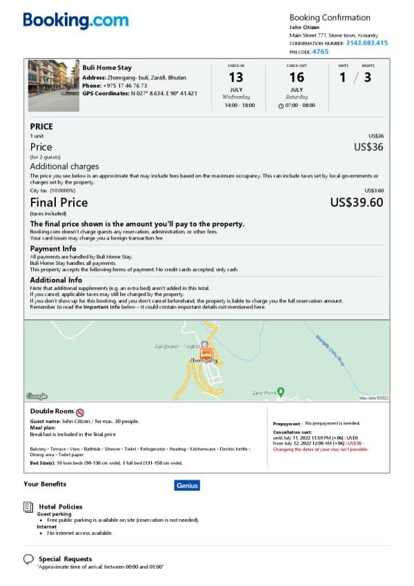 Bhutan hotel booking confirmation Word and PDF template, 2 pages