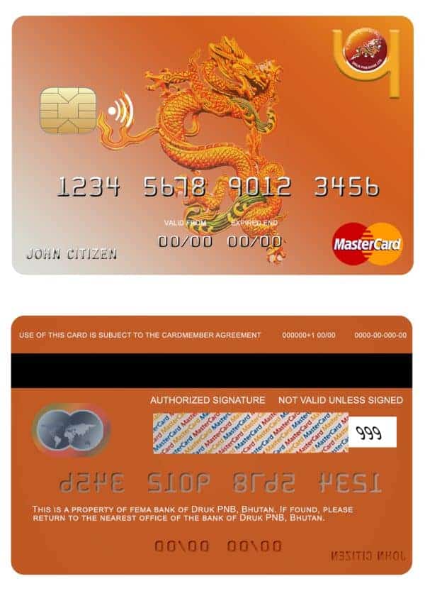 Fillable Bhutan Druk PNB bank mastercard Templates