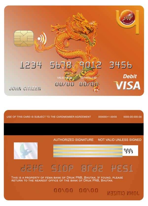 Editable Bhutan Druk PNB bank visa card Templates
