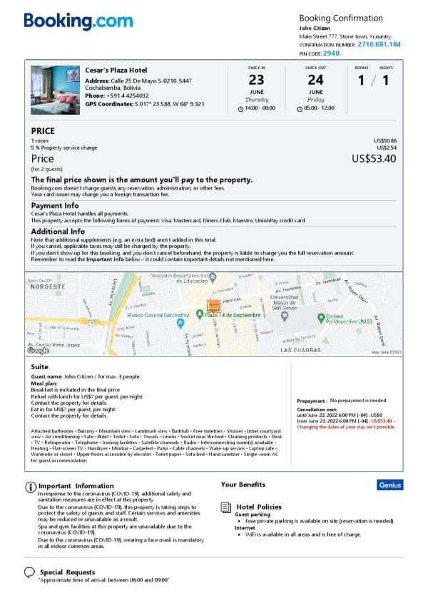 Bolivia hotel booking confirmation Word and PDF template, 2 pages