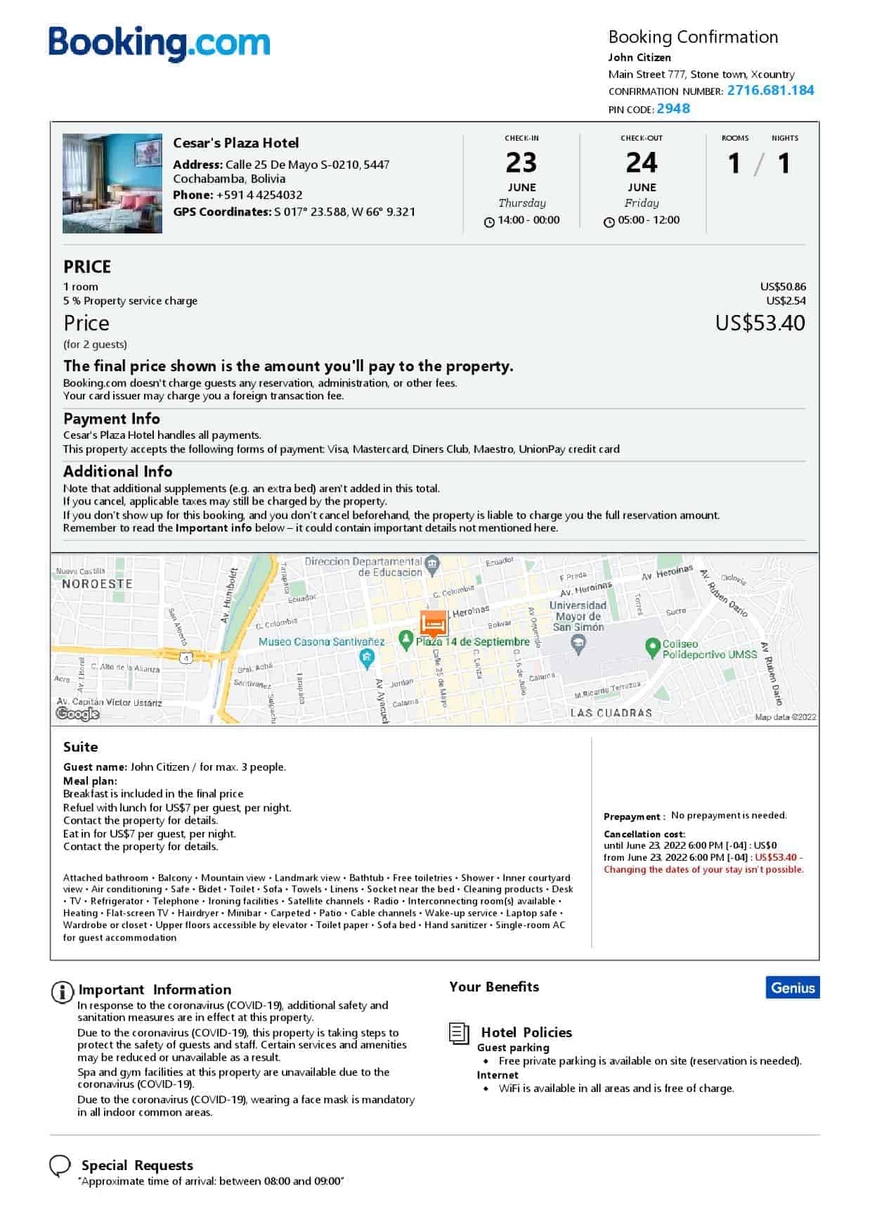 Bolivia hotel booking confirmation Word and PDF template, 2 pages Bolivia hotel booking confirmation Word and PDF template, 2 pages