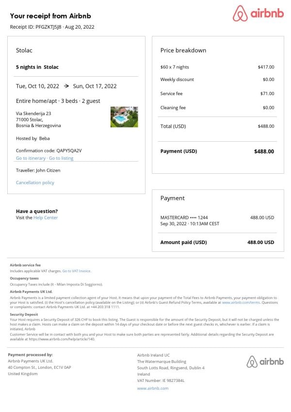 Bosnia and Herzegovina Airbnb booking confirmation Word and PDF template