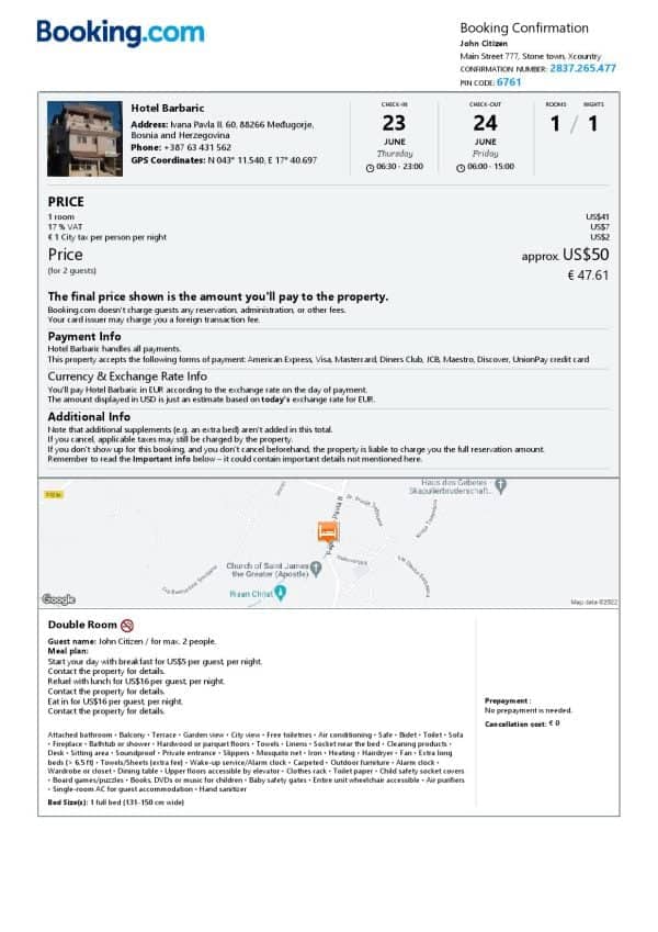 Bosnia and Herzegovina hotel booking confirmation Word and PDF template, 2 pages