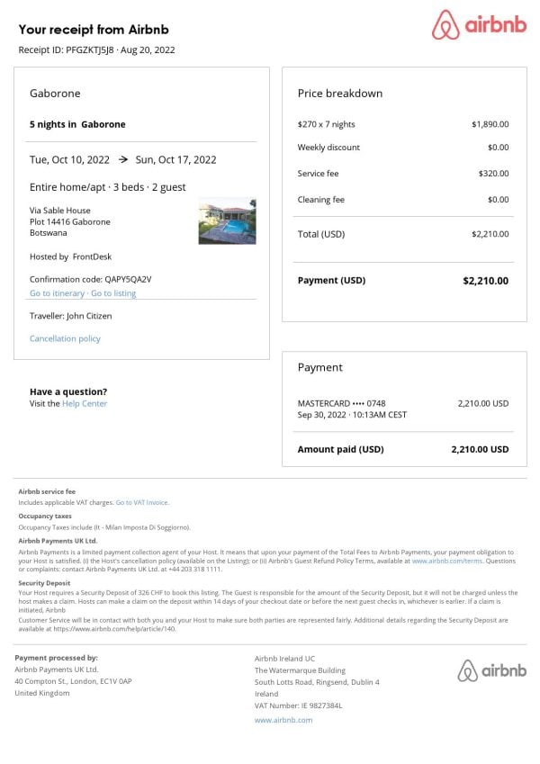 Botswana Airbnb booking confirmation Word and PDF template