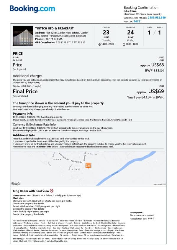 Botswana hotel booking confirmation Word and PDF template, 2 pages