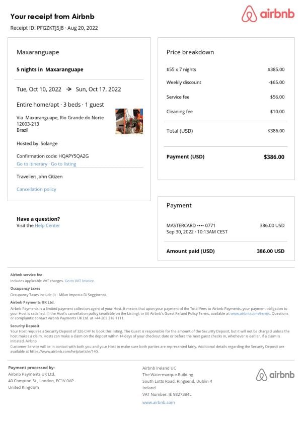 Brazil Airbnb booking confirmation Word and PDF template