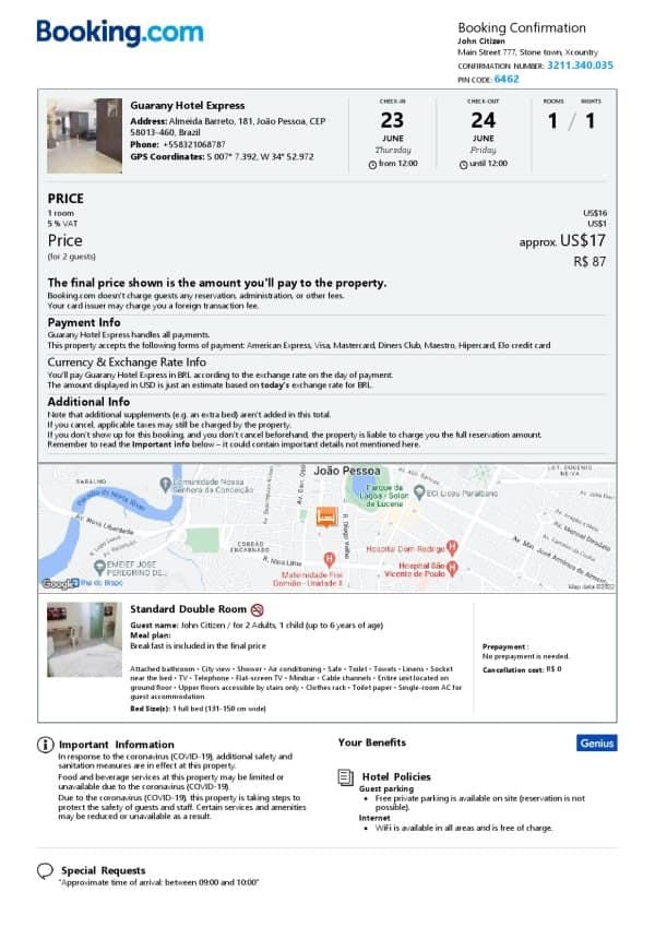 Brazil hotel booking confirmation Word and PDF template, 2 pages
