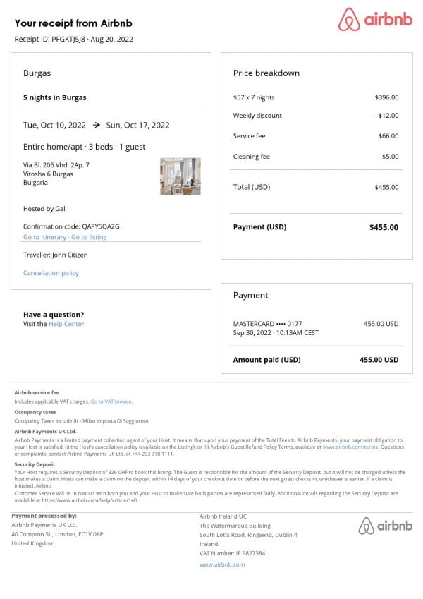 Bulgaria Airbnb booking confirmation Word and PDF template