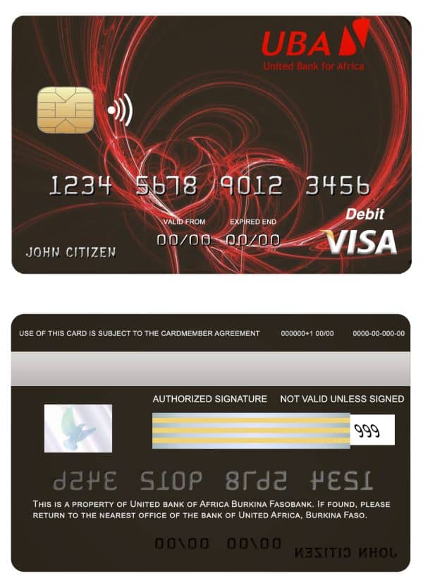 Editable Burkina Faso United bank for Africa visa credit card Templates