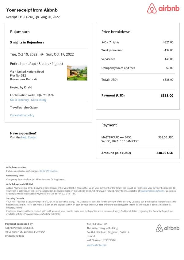 Burundi Airbnb booking confirmation Word and PDF template