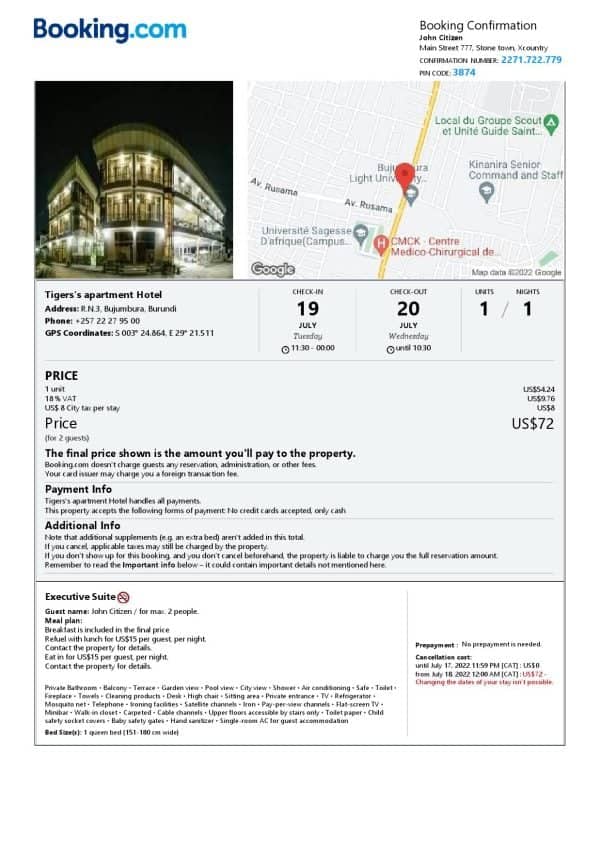 Burundi hotel booking confirmation Word and PDF template, 2 pages