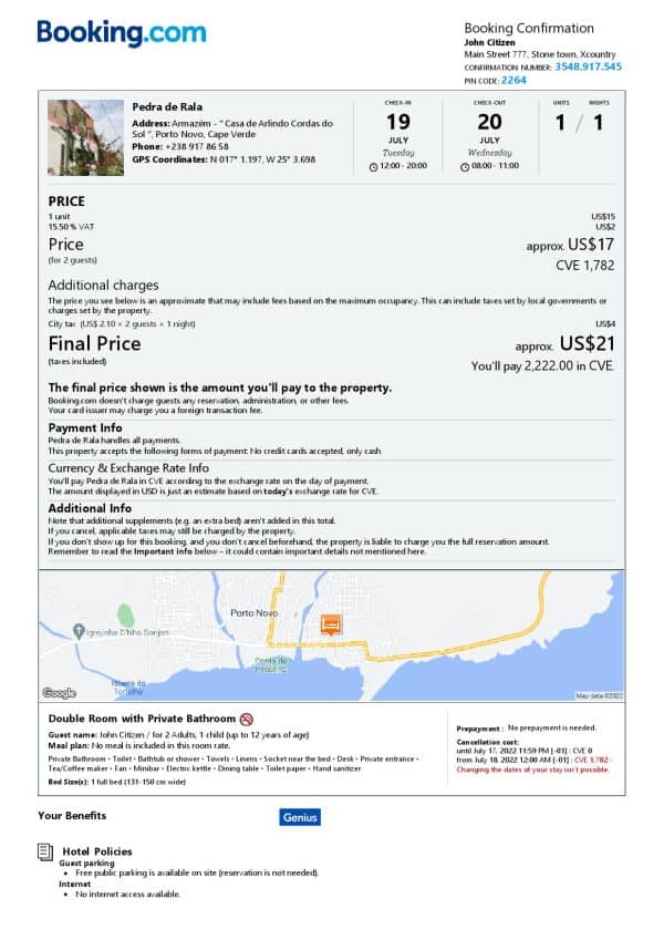 Cabo Verde hotel booking confirmation Word and PDF template, 2 pages