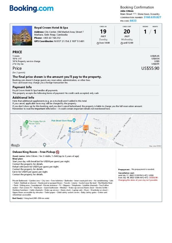 Cambodia hotel booking confirmation Word and PDF template, 2 pages