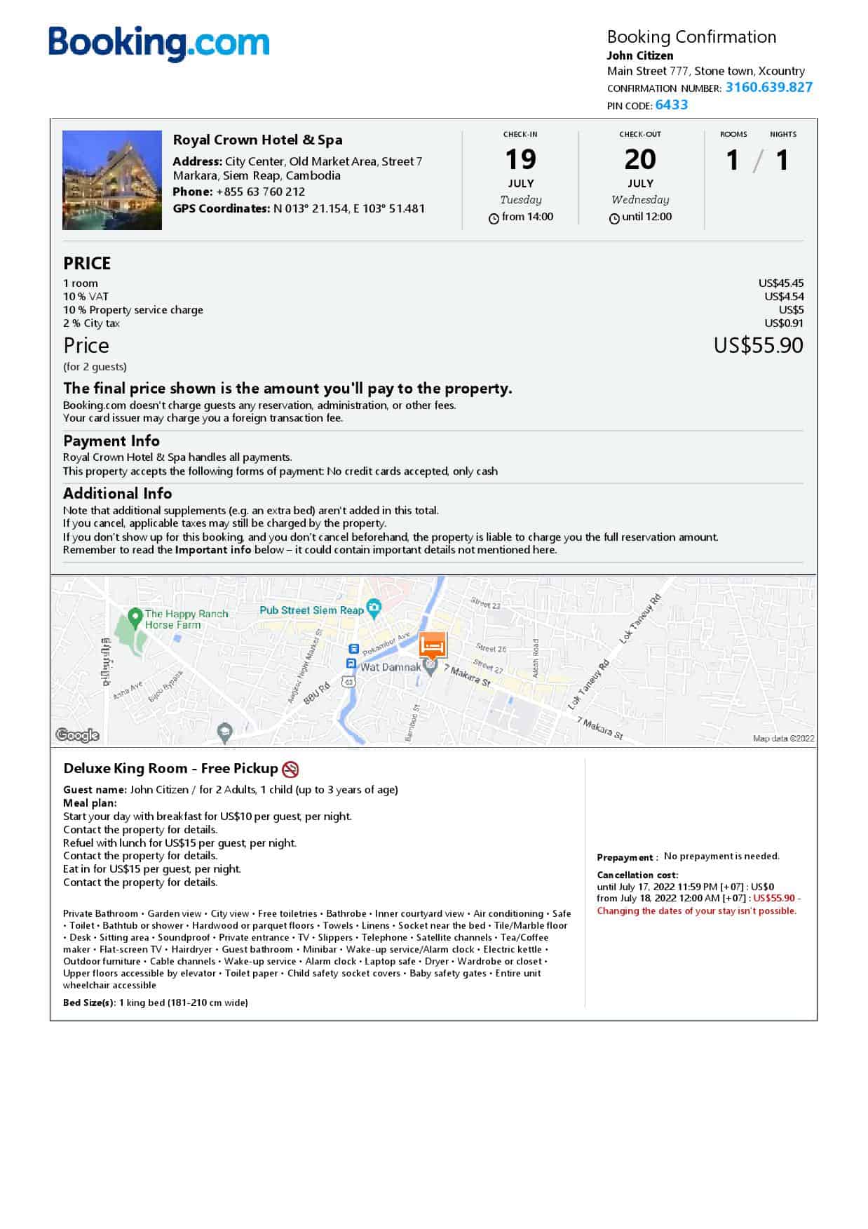 Cambodia hotel booking confirmation Word and PDF template, 2 pages Cambodia hotel booking confirmation Word and PDF template, 2 pages