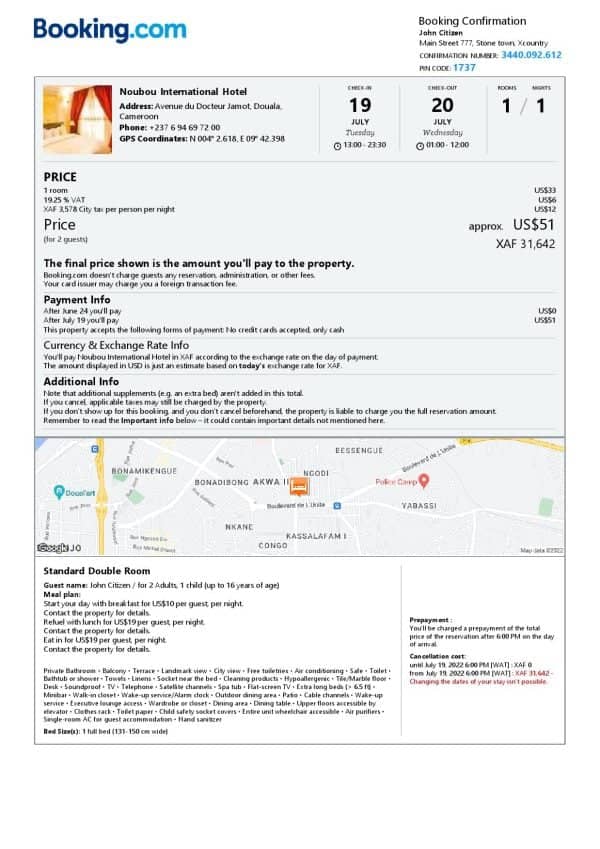 Cameroon hotel booking confirmation Word and PDF template, 2 pages