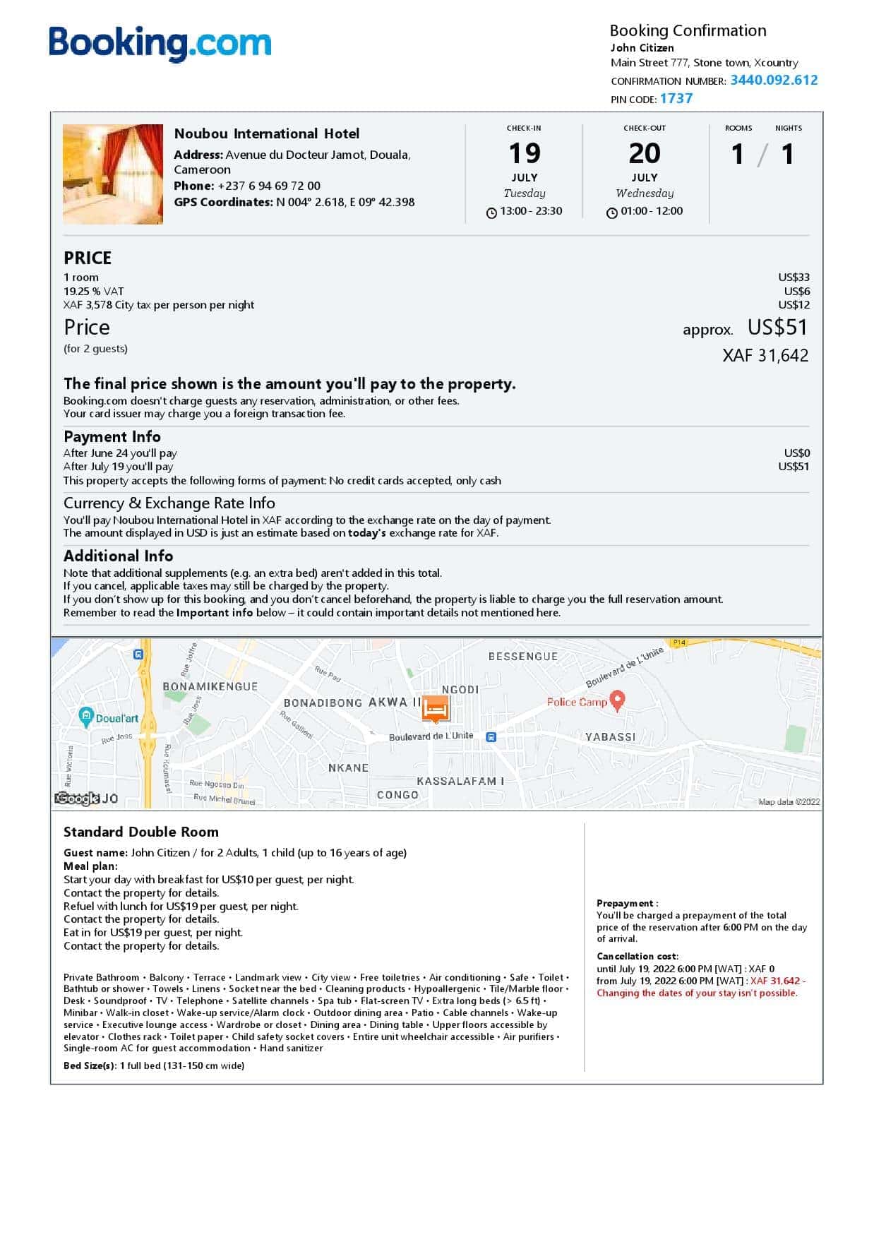 Cameroon hotel booking confirmation Word and PDF template, 2 pages Cameroon hotel booking confirmation Word and PDF template, 2 pages
