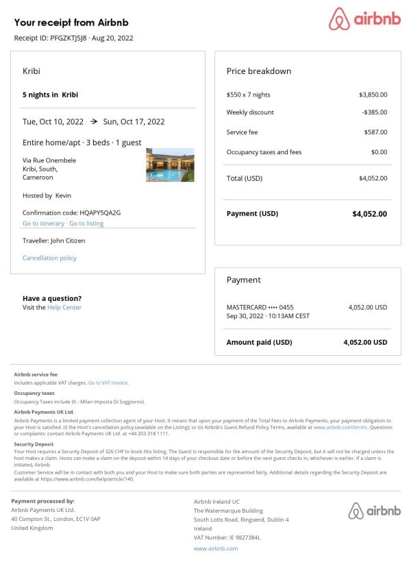 Cameroon Airbnb booking confirmation Word and PDF template