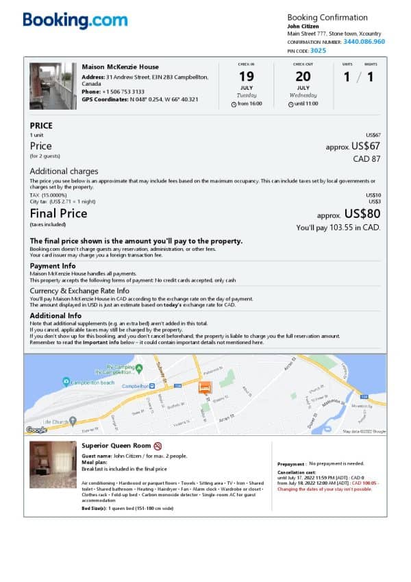 Canada hotel booking confirmation Word and PDF template, 2 pages