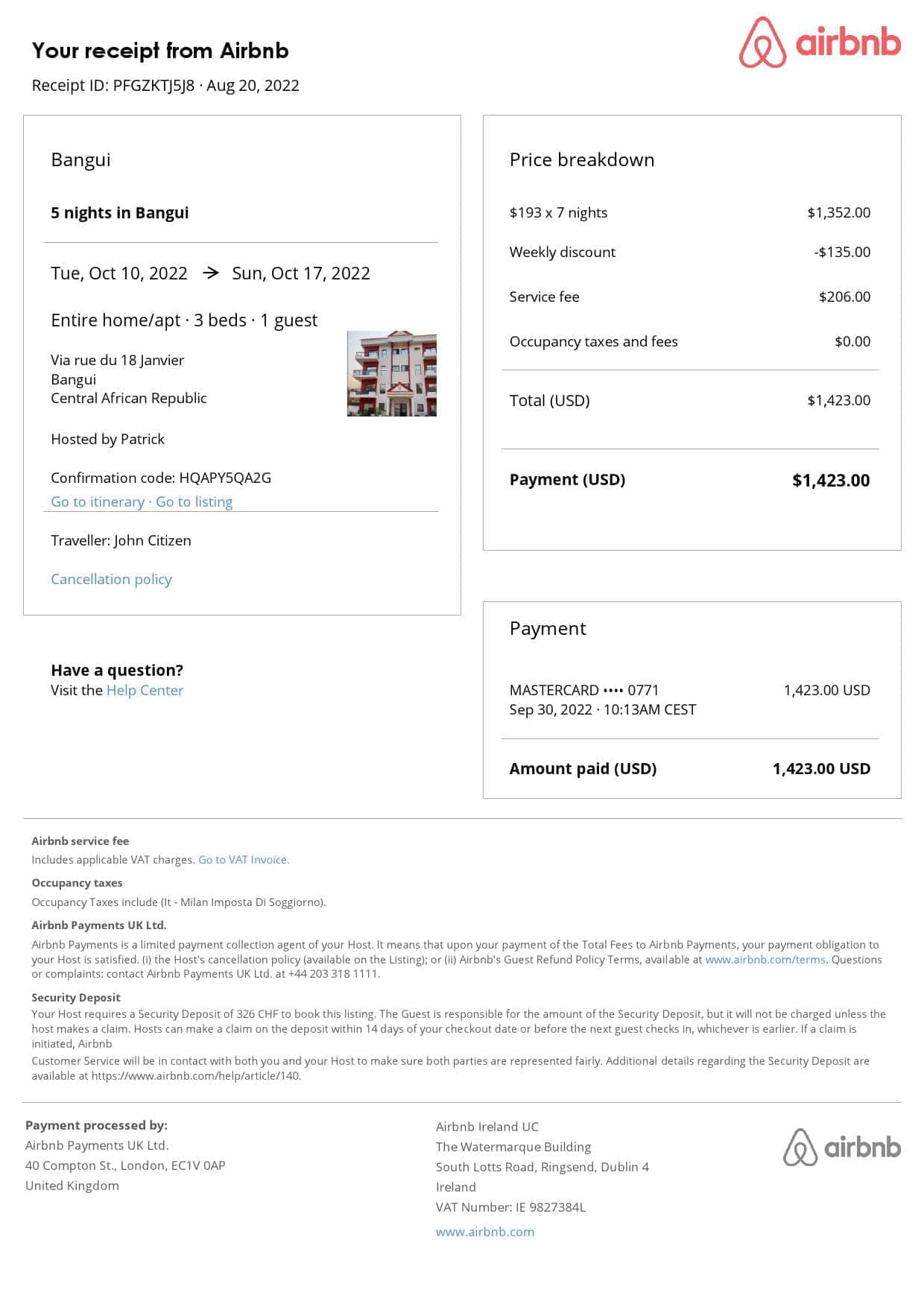 Central African Republic Airbnb booking confirmation Word and PDF template Central African Republic Airbnb booking confirmation Word and PDF template