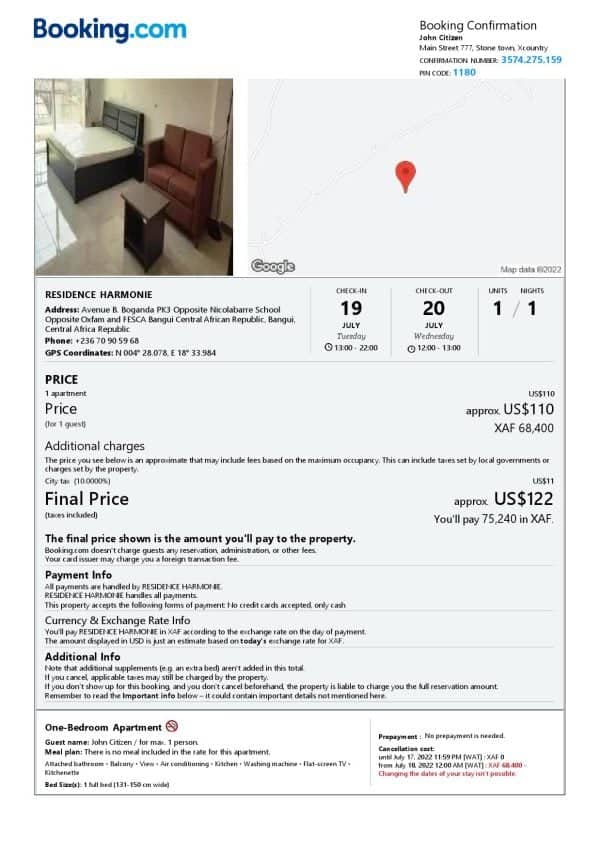 Central African Republic hotel booking confirmation Word and PDF template, 2 pages
